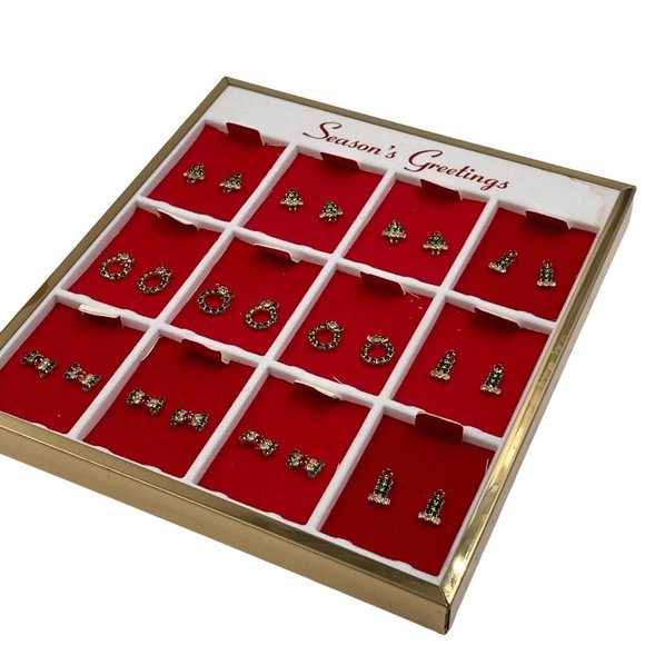 Vintage Earrings Christmas On Store Display Holiday Pierced 12 Pairs Rhinestones - Picture 3 of 12